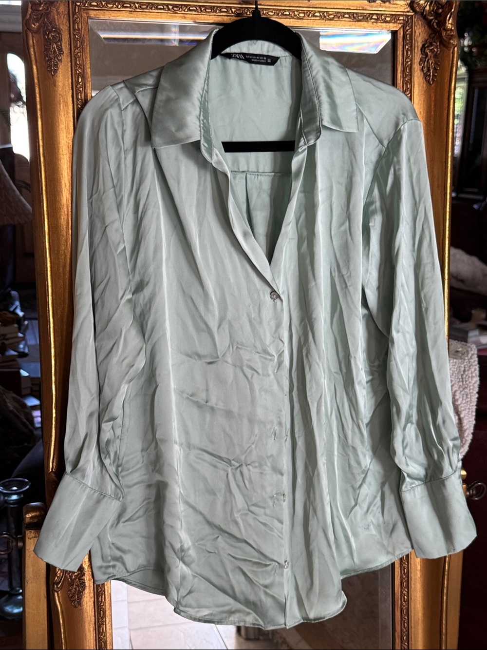 Zara Light Mint Satin Button-Down Blouse